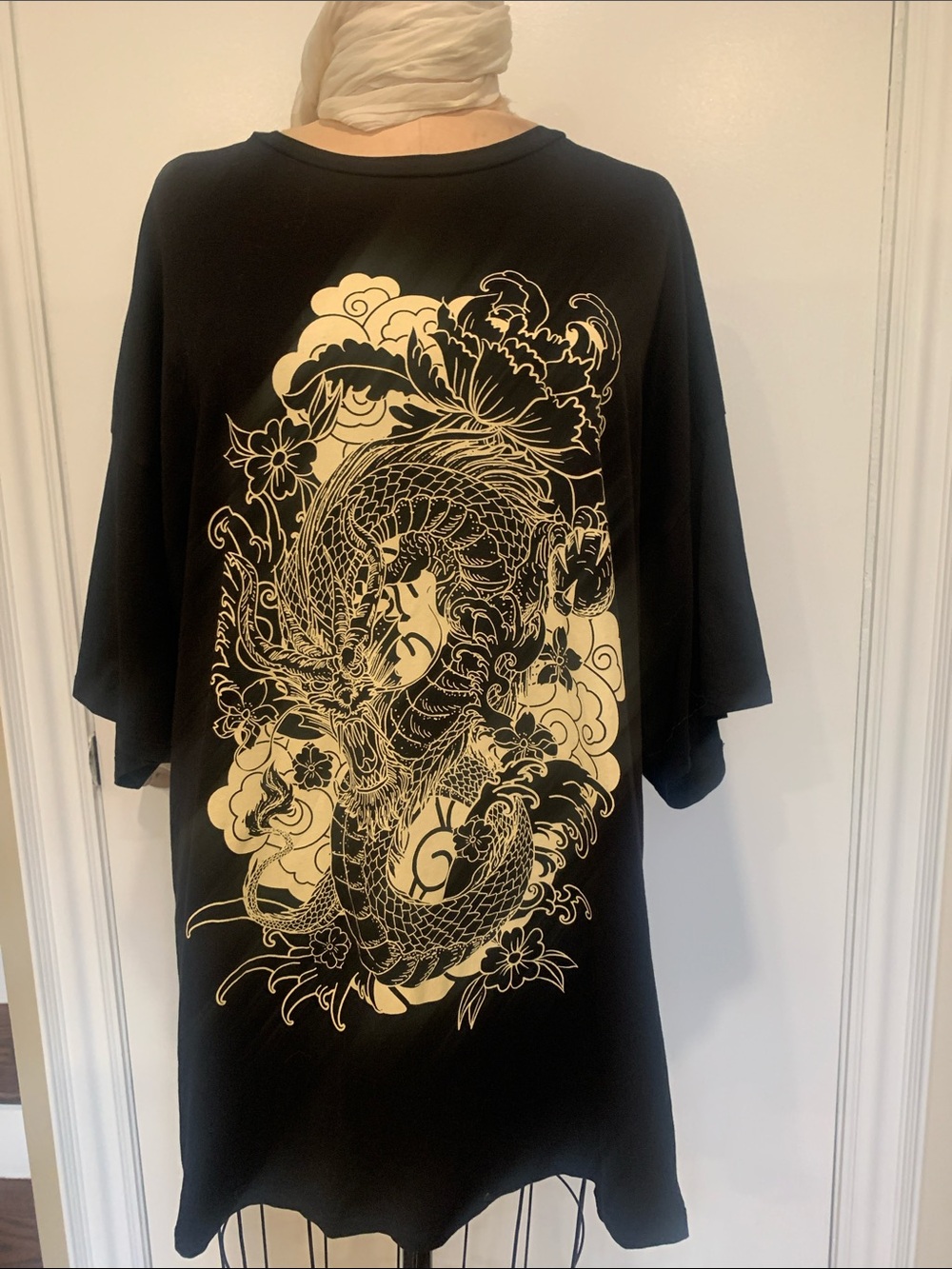 Black Short Sleeve Tee with Cream Dragon Graphic